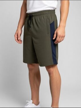 Men's Olive Green Athletic Shorts with Navy Side Panel